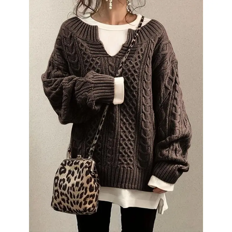 Women's Textured Drop Shoulder Notched Sweater, Casual Long Sleeve Jumper for Fall & Winter, Women's Clothing for Daily Wear