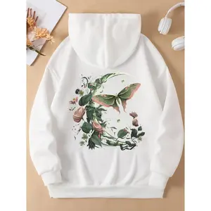 Goblincore Moth and Butterfly Moon Phases Floral Cottagecore Women's Long Sleeve Hoodie with Hooded Design for Festival and Casual Wear