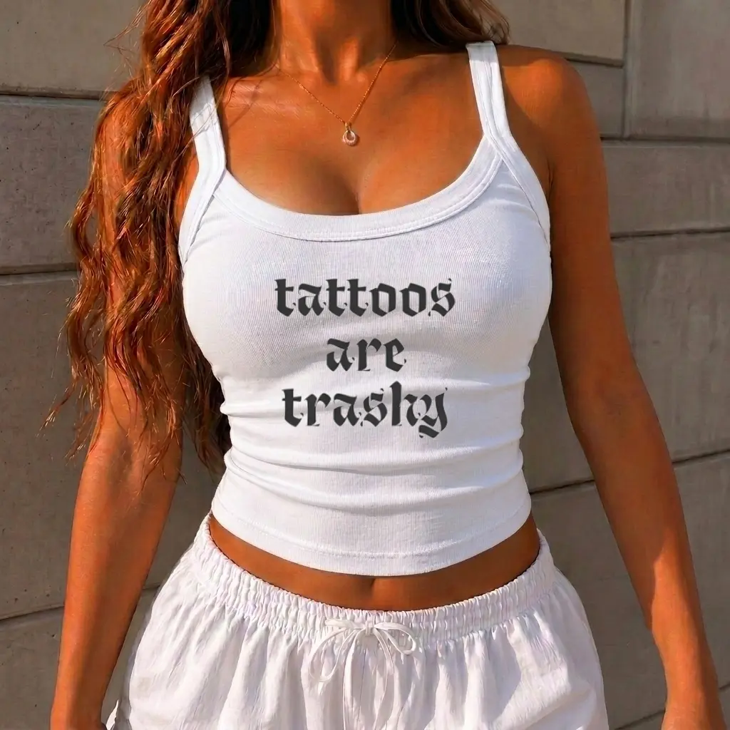 Tattoos Are Trashy Gothic Quote BELLA CANVAS Women's Micro Rib Strap Tank, White Fitted Ribbed Cami, Alternative Y2K Summer Top