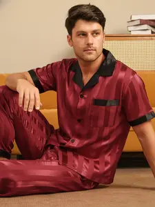 Men's Sleepwear Set, Short Sleeve Long Pants, Casual Home Wear, Striped Colorblock Design, Jacquard Stripe Two-Piece Set
