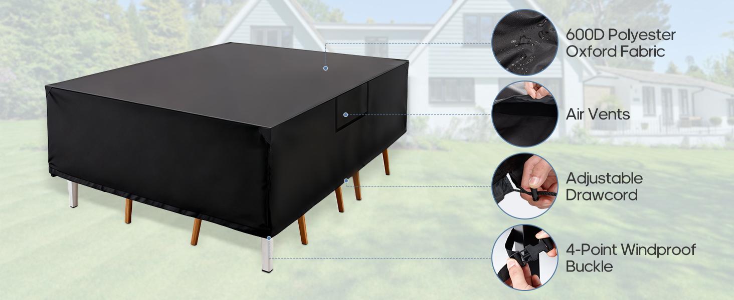 Patio Furniture Cover for Outdoor Dining Set, Waterproof 600D Heavy Duty Table & Chair Cover for Rectangular/Oval Patio Table with 6-8 Chairs, Windproof All-Weather Protection for Backyard, Garden, Deck & Porch