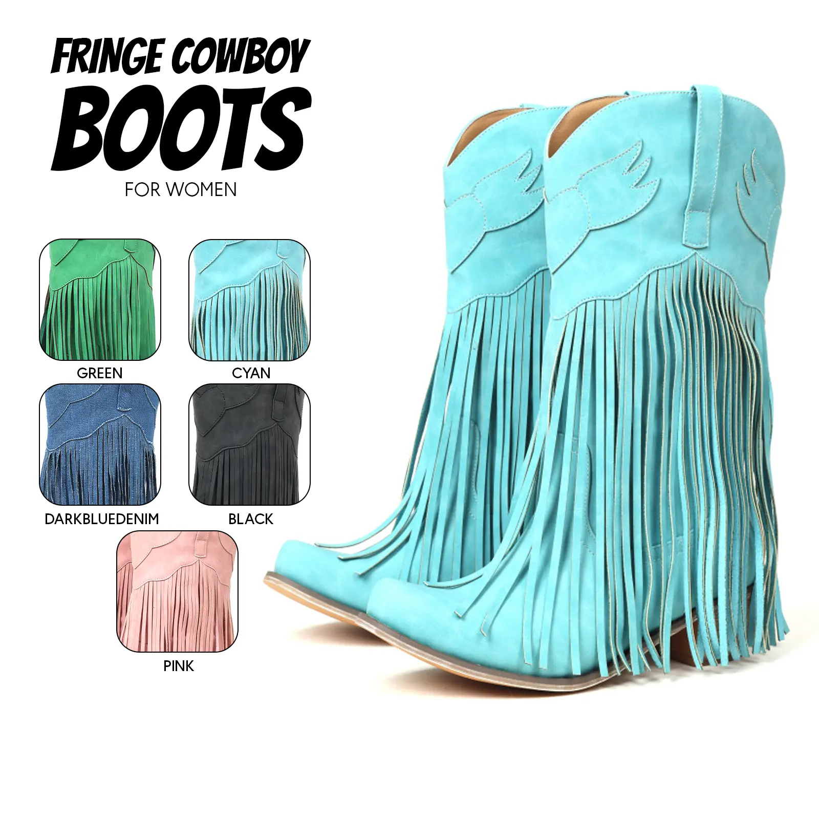 Fringe Cowboy Boots For Women Pointed Toe Chunky Block Heel Easy Pull On Tassel Western Embroidered Mid Calf Boot  Comfy Wide Calf Summer Party Country Fashion Wedding Daily Concert Outfits Festival Riding Retro Classic Cowgirl Shoes