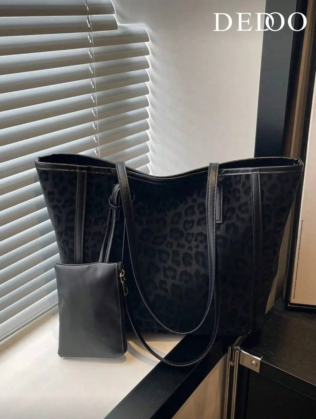 Chic Black Leopard Pattern Large Carryall Tote Handbag, 2 Pieces Set Shoulder Bag with Matching Small Wallet Pouch,  Soft Lightweight Large Capacity Work School Bag, Roomy Daily Commuter Top Handle Bag for Work Shopping Weekend Outings