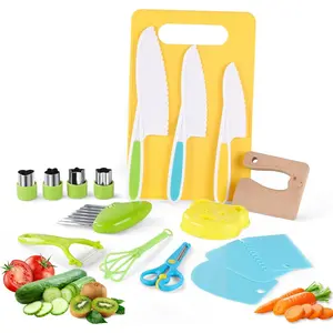 16-Piece Kitchen Tool Set Cooking Baking Toys Toddler Baking Set for Real Cooking Includes 3 Serrated Edge Plastic Toddler Knives, Cutting Board, Y-Shaped Peeler, Egg Beater, Toddler Food Picker