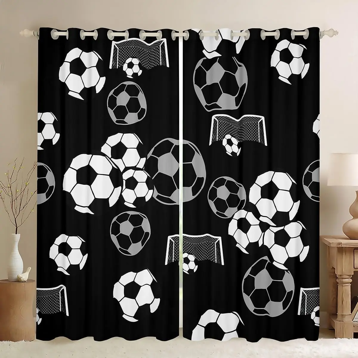 Feelyou Home Textile Soccer Ball Pattern Blackout Curtains (2 Panels with Nettings) - 30%-50% Darkening Home Decorative Window Curtains for Boys' Living Room, Home Decorative Curtain, Window Curtain