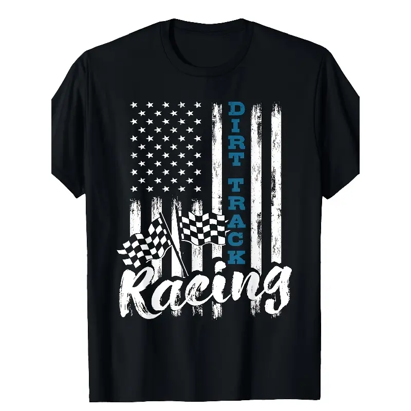 Men's Short-Sleeve Round Neck Casual Dirt Racing T-Shirt, Patriotic American Flag Sprint Racer Menswear Streetwear Top