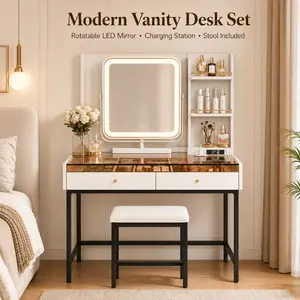 White LED Makeup Vanity Desk with 360° Rotating Lighted Mirror 2 Drawers Power Outlet 3-Tier Shelf Amber Glass Top Sturdy Metal Legs Stool