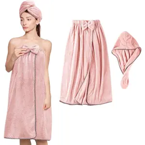 Women Microfiber Bath Towel Wrap - Adjustable Soft Body Wraps Dress with Hair Towel for Shower After Body and Head Cover, Super Absorbent to Quick Drying Hair and Body, Purple Black