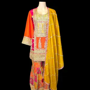 Chinon Silk Embroidered Party Wear Sharara Suit with Orange and Yellow Colors, Long Sleeves, and Elegant Design
