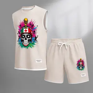 Men’s Trendy Summer Set – Sleeveless Athletic Top & Shorts, Skull Soccer World Cup Design with Canada Flags, Casual Street & Gym Outfit, Perfect Summer Activewear