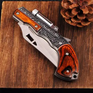 Vintage Floral Engraved Wood Handle Multipurpose Kitchen Utility Knife with Built-in Mini Light Device, Sharp Cooking Prep Blade for Meat Fruit Cutting, Backyard BBQ & Household DIY Craft Use
