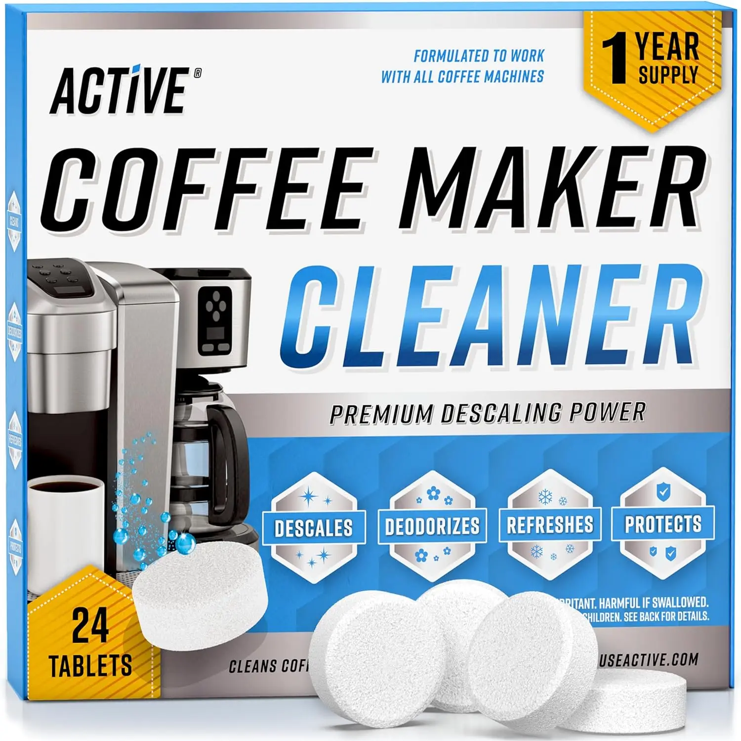 ACTIVE Coffee Machine Cleaner Descaler Tablets - 24 Count, Compatible with Nespresso, Keurig, Ninja, Delonghi, Miele, Coffee Maker Pot, Cleaning Tabs