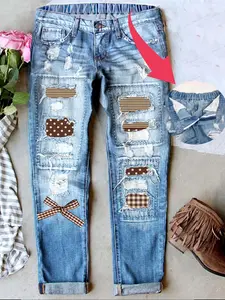 Women's Chic Vintage Floral Print Mid-Rise Straight Leg Jeans Long Denim Pants Ripped Boyfriend Jeans Distressed Skinny with Holes Plaid Patchwork Design Elastic Stretch Waistband Comfort Pants