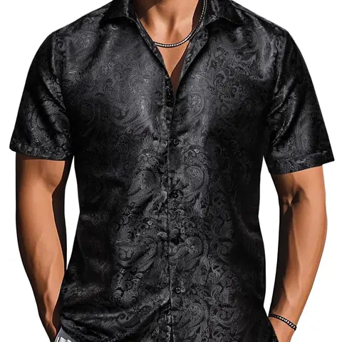 Ailisus Men's Slim Fit Paisley Shirt, Short Sleeve Casual Button-Down Polyester Top for Wedding & Party Wear, Shortsleeve, Men's Casual Shirts, Fabric, Slim Fit Ease, Wash‑Resists Pilling