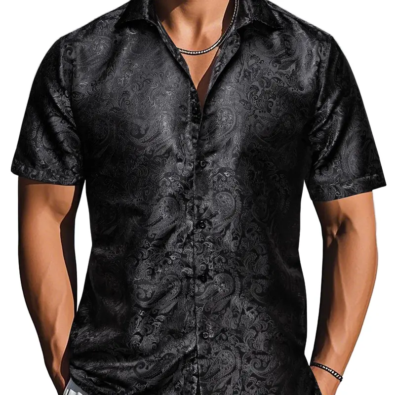 Ailisus Men's Slim Fit Paisley Shirt, Short Sleeve Casual Button-Down Polyester Top for Wedding & Party Wear, Shortsleeve, Men's Casual Shirts, Fabric, Slim Fit Ease, Wash‑Resists Pilling