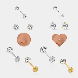 OUFER 20G Titanium Threadless Push Pin Flat Back Nostril Nose Ring - 7mm Bar Heart-Star Style, Flat Pierced Threadless Non Tarnish Dainty Gemstone Body Jewelry for Women’s Helix Lobe Piercings, Flat Pierced Jewelry, Threadless Jewelry