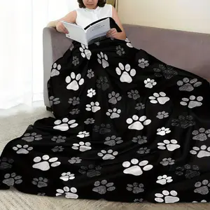 Dog Cat Paw Prints Flannel Blanket - Black White, Soft Cozy Fuzzy Plush, Warm Throw for Pet Lovers, Perfect Birthday Christmas Gift for Bedroom Sofa Pet Bed Home Decor