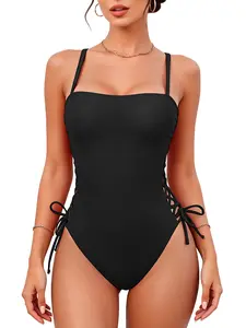 B2prity Women One Piece Swimsuit Sexy Side Lace Up Cutout Bathing Suit Adjustable Spaghetti Strap Tummy Control Monokini Swimwear
