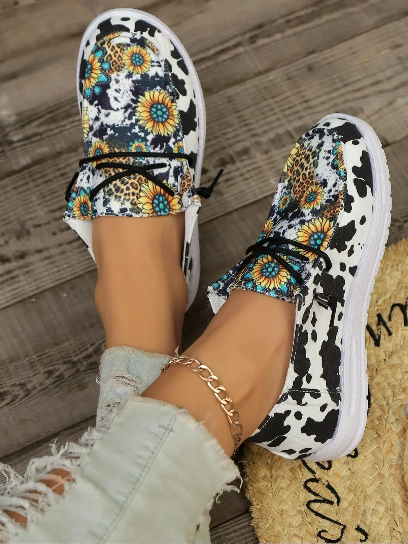 Women's Trendy Over Print Round Toe Slip-on Sneakers & Trainers, Fall Summer Cow & Floral & Leopard Pattern Sports Shoes, Girl Walking Shoes for Daily