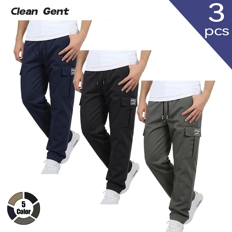 Clean Gent 3-pack men’s regular-fit solid-color cargo pants with a drawstring elastic waistband and multiple pockets; casual everyday wear that’s versatile, featuring pocket labels and a minimalist, trendy style.
