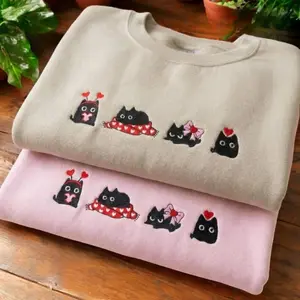 [Made in US] Embroidered Cute Cat Shirt, Valentine Cat Shirt, Adorable Love Cat Shirt