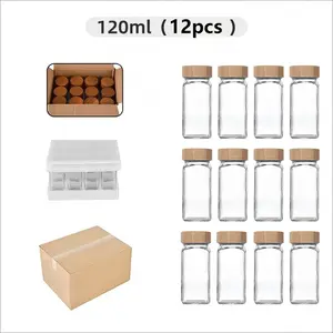 12/24 Pcs Square Glass Spice Jars with Labels, Durable & Transparent, Reusable Sealed Containers with Label Stickers & Pen, Kitchen Organizer Set with Wood Grain Plastic Lids, Rust Proof, Household Kitchen Supplies, Hand Wash Recommended