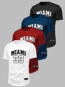 4-Piece Short Sleeve Set, Street Sports, Basketball Lovers, Miami 33 Print, Breathable Fabric, Unisex, Casual Loose Fit