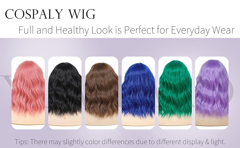 Pastel Pink Wavy Bob Wig for Women, Short Shoulder Length Synthetic Wig with Bangs, Natural Looking Lightweight Hairpiece for Gift & Cosplay Costume Party