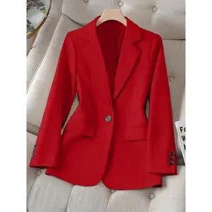 Women’s spring and autumn solid-color lapel long-sleeve single-button casual commuter jacket, slim-fit plain-color design GARMENTARY