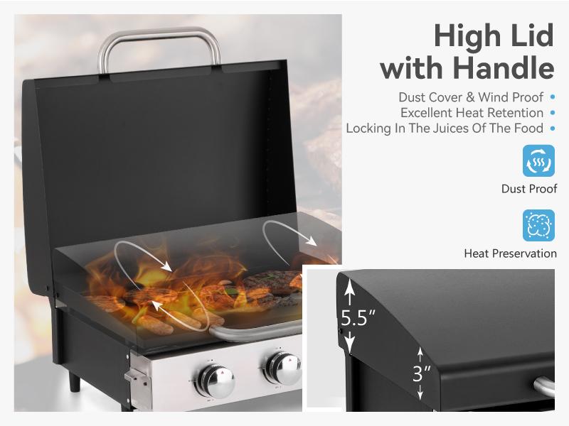 PHI VILLA 22" Flat Top Grill with Lid, Ceramic Coated Cast Iron Griddle, 3-Burner Portable Tabletop Gas Griddle, 24,000 BTU Barbecue Bbq Stainless Steel