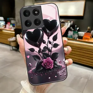 Ebony - Heart Rose pattern suitable for Motorola Moto EDGE 60 50 30 20 Pro FUSION ULTRA 50NEO 50FUSION E15 GPLAY2023 G22 G15 Pretty Protective Phone Case,Black Frame Glass Phone Case Individual Design,Is Suitable for Every Holiday Gift