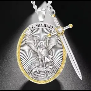 Catholic Patron The Archangel St Michael Pendant Necklace Cz Sword Lord Prayer with Detailed Angel Design and Gold Trim Gift men necklaces