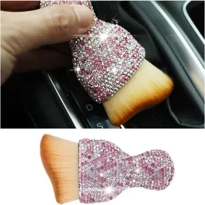 Auto Interior Dust Brush, Car Detailing Cleaning Brush with Diamond, Bling Handle Soft Bristles Dusting Tool, Scratch Free Dirt Clean Brushes for Vehicle Dashboard, Air Conditioner Vent (Pink)