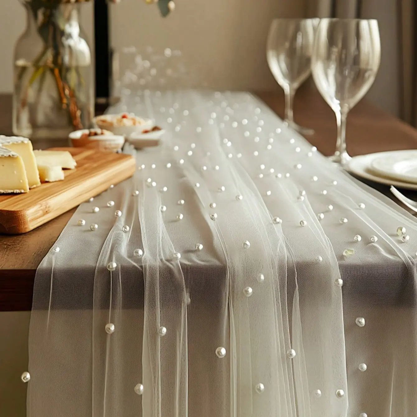 Pearl Beaded Sheer Fabric, Romantic Tulle Curtain for Table Runner, Wedding Backdrop, Home Room Decor, Party Decoration, Versatile Use, Special