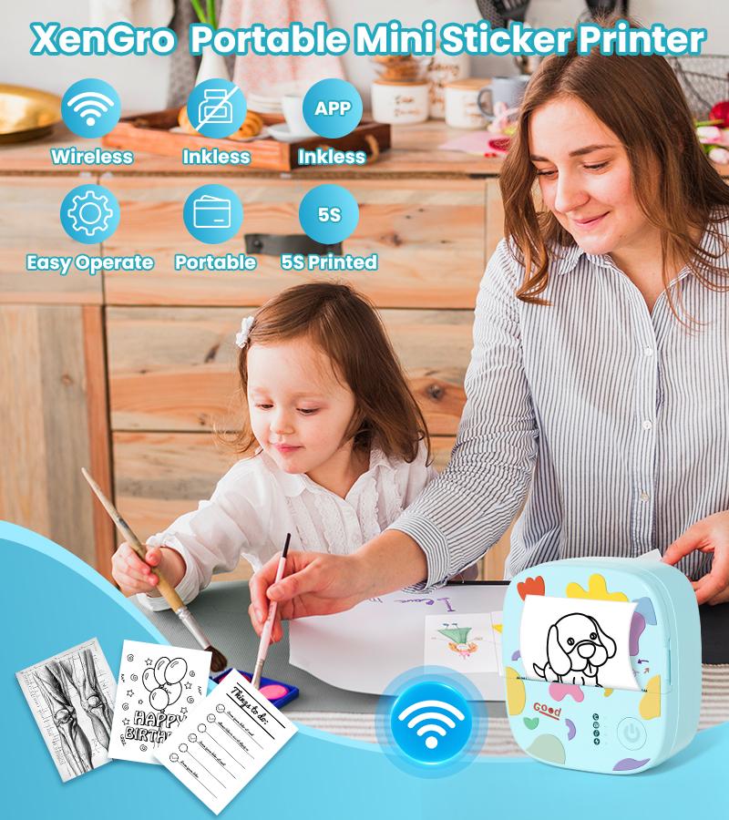 [Valentines'DaySale!] XenGro Mini Printer Bluetooth included 3 Roll label Thermal Pocket Printer,Inkless Small printer B&W Printing Only for Photos, Study Notes, Lists,Memos, Journals Printing Machine Sticky Label, Birthday Gifts for Kids Girls Boys Blue