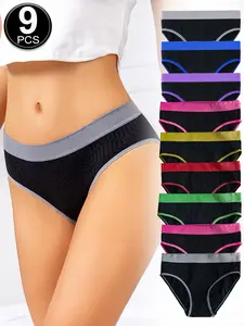 Breathable Commuter Underwear Panties for Sensitive Skin - Seamless Elastic Waist, Geometric Print & Low-Rise No-Dig Fit, Comfortable for Long Sitting (9-Pack)