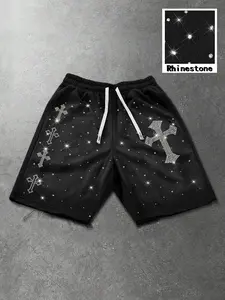 Men's Rhinestone Cross Shorts, Full-Length Sparkling Star Rhinestones and Cross Print, Casual Streetwear Elastic Drawstring Shorts, Bold Touch, Menswear