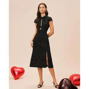 Black Mandarin Collar Polka Dot Midi Dress