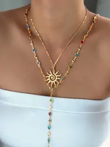 Women's Y-Shaped Chain Necklace Set, Colorful Rhinestone Sunflower Design, Casual Style Zinc Alloy Jewelry Gift for Women, Statement Necklace, Dainty Layering Jewelry
