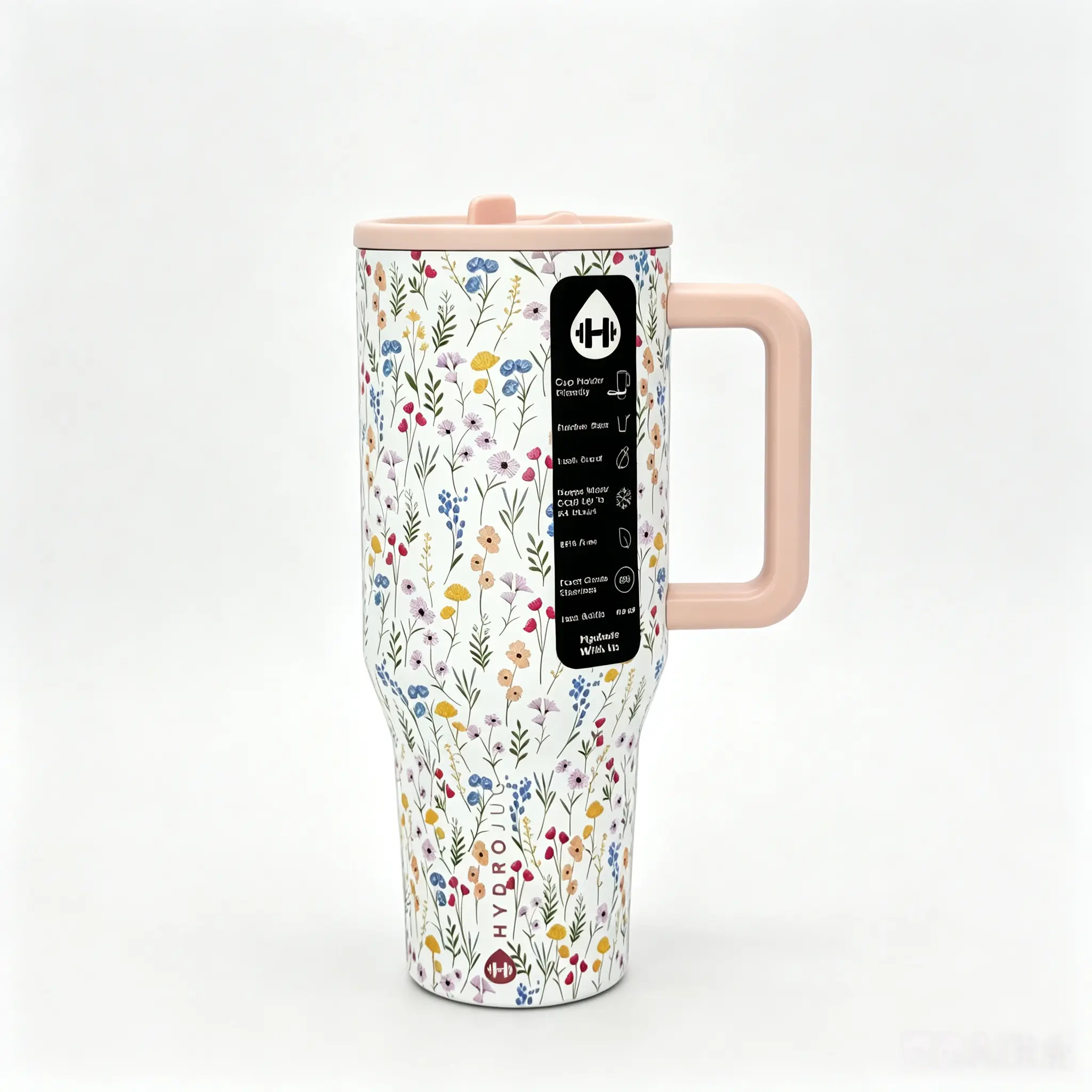 HydroJug 40 oz Floral Insulated Tumbler with Handle & Straw, Leak-Proof Stainless Steel Drinkware, Travel Cup Flasks, 24H Cold Retention Drinkware Flasks Bottles Bottled Portable Mug Stylish double wall thermal drinkware Dual Color Vacuum Water Bottle
