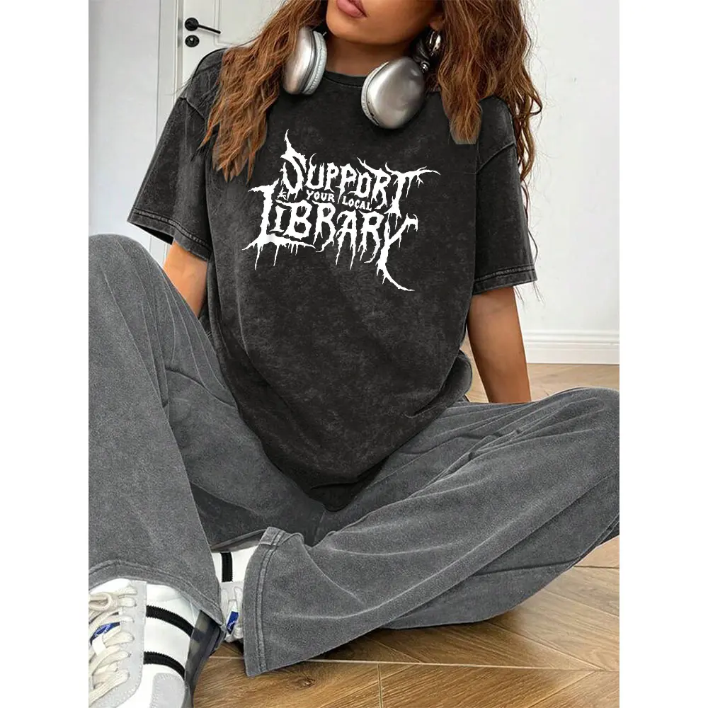 Grunge - style Washed T - shirt with "Support Your Local Library" Text Clothes Top
