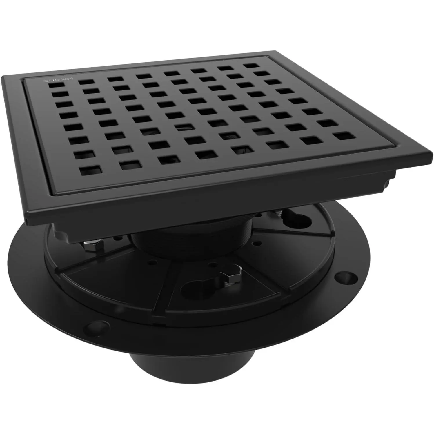 Matte Black 6-Inch Square SUS 304 Food-Grade Stainless Steel Shower Floor Drain with Flange, Removable Quadrato Pattern Grate, Strainer, Effortless Maintenance, Commercial Use for Bathrooms/Kitchens, Watermark & CUPC Certified Excellence