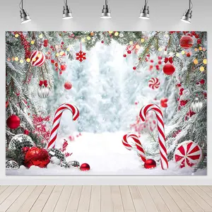 8x6ft Christmas Candy Cane Backdrop Winter Xmas Eve Party Photography Background Decorations Christmas Forest Snow Scene Holiday Party Photo Prop Supplies