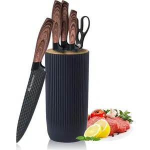 Knife Set, 6-Pieces Khaki Knife Block Set for, Non-stick Non-slip Stainless Chef Knife Set with Knife Block Suitable for Home Restaurant (Black)