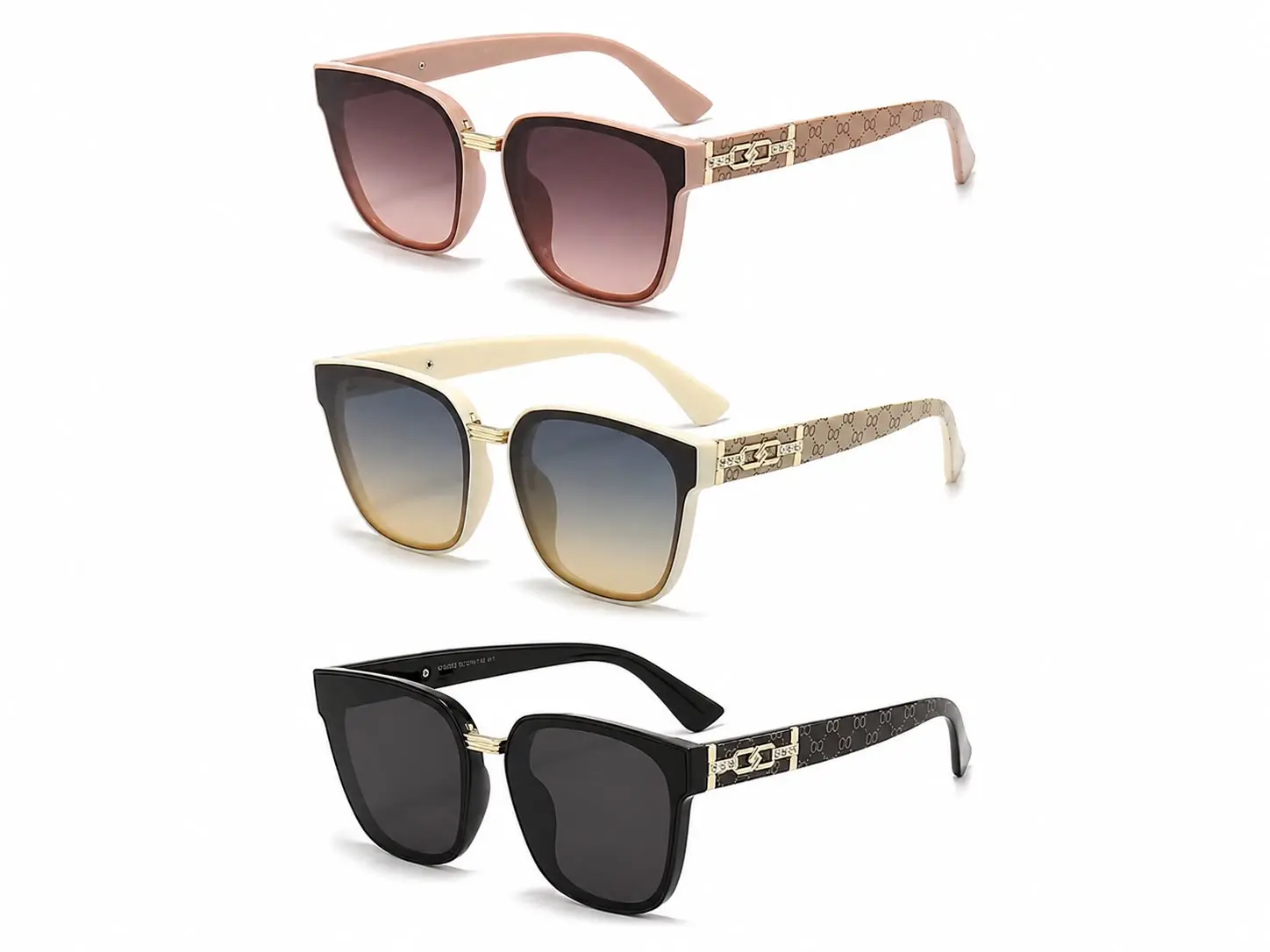 Women's Luxury Square Sunglasses 3-Pack - Black, Light Pink, Ivory Fashion Eyewear Accessories