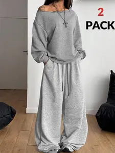 2-Pack Off-Shoulder Oversized Loungewear Set – Cozy Relaxed Style for European and American Comfort Fashion Enthusiasts