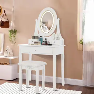 Modern White Vanity Desk with Mirror & Lights, Wood Makeup Dressing Table with Oval Mirror & Stool, 3 Lighting Modes, 5 Large Drawers for Women, Girls, and Kids Furniture Bedroom