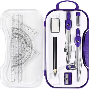 Math Geometry Kit Sets 10 Piece Student Supplies with Shatterproof Storage Box, Includes Rulers, Protractor, Compass, Eraser, Pencil Sharpener, Lead Refills, Pencil for Drafting and Drawings (Purple)