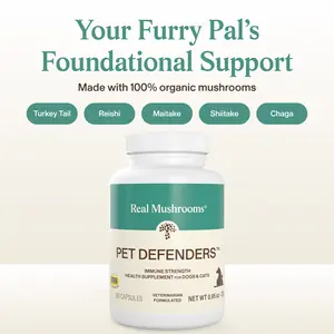 Real Mushrooms 5 Defenders for Pets | Organic Turkey Tail Reishi Maitake Shiitake Chaga Blend | Vet Formulated | NASC Certified | Gluten Free Non GMO Vegan | 90 Capsules