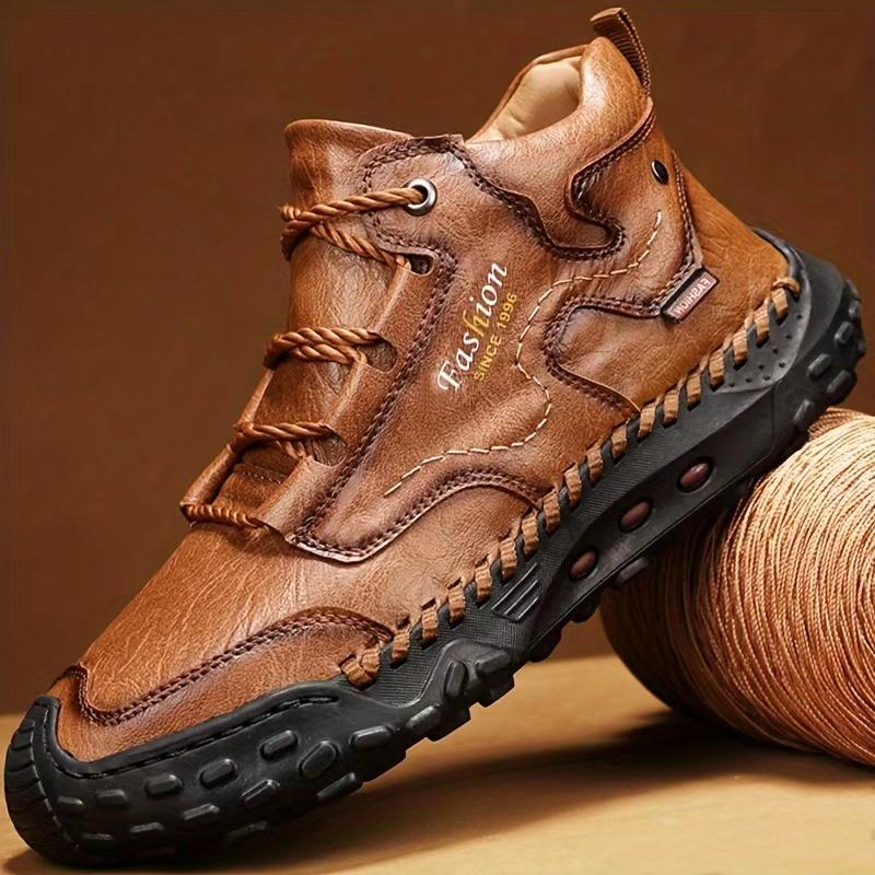 Men's Casual Sneakers, Retro Hand-Stitched High-Top Shoes, Leather Ankle Boots, Comfortable Walking Shoes with Round Toe, Flat Heel and Rubber Outsole for Outdoor Hiking, Urban Commuting, Work, Travel and Everyday Wear